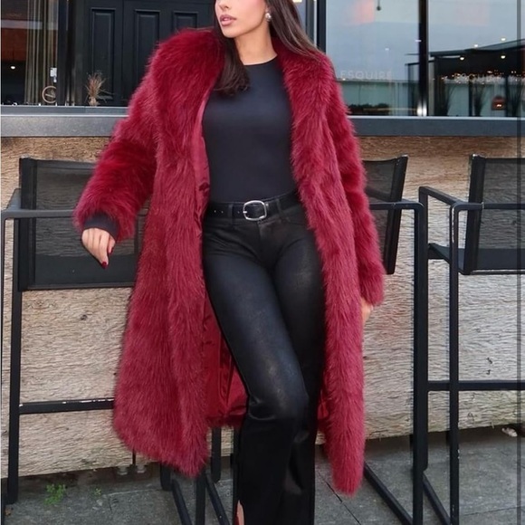Jackets & Blazers - Luxurious Red midi trench long Faux Fur Coat
